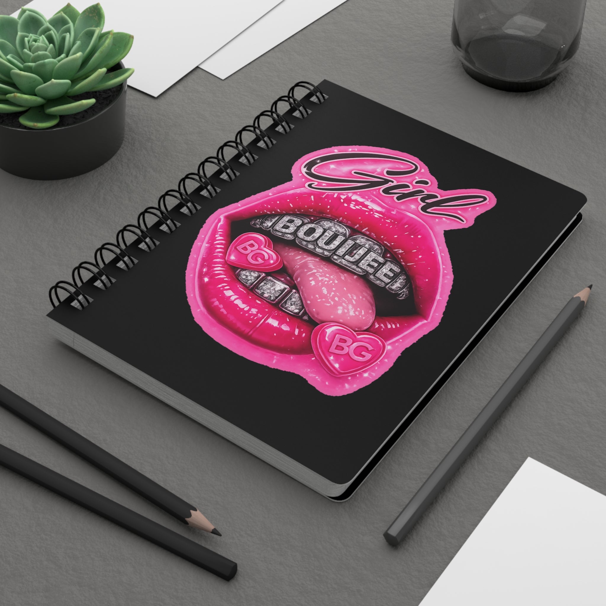Bouijee Girl Spiral Notebook — Glitter Pink Lips Journal