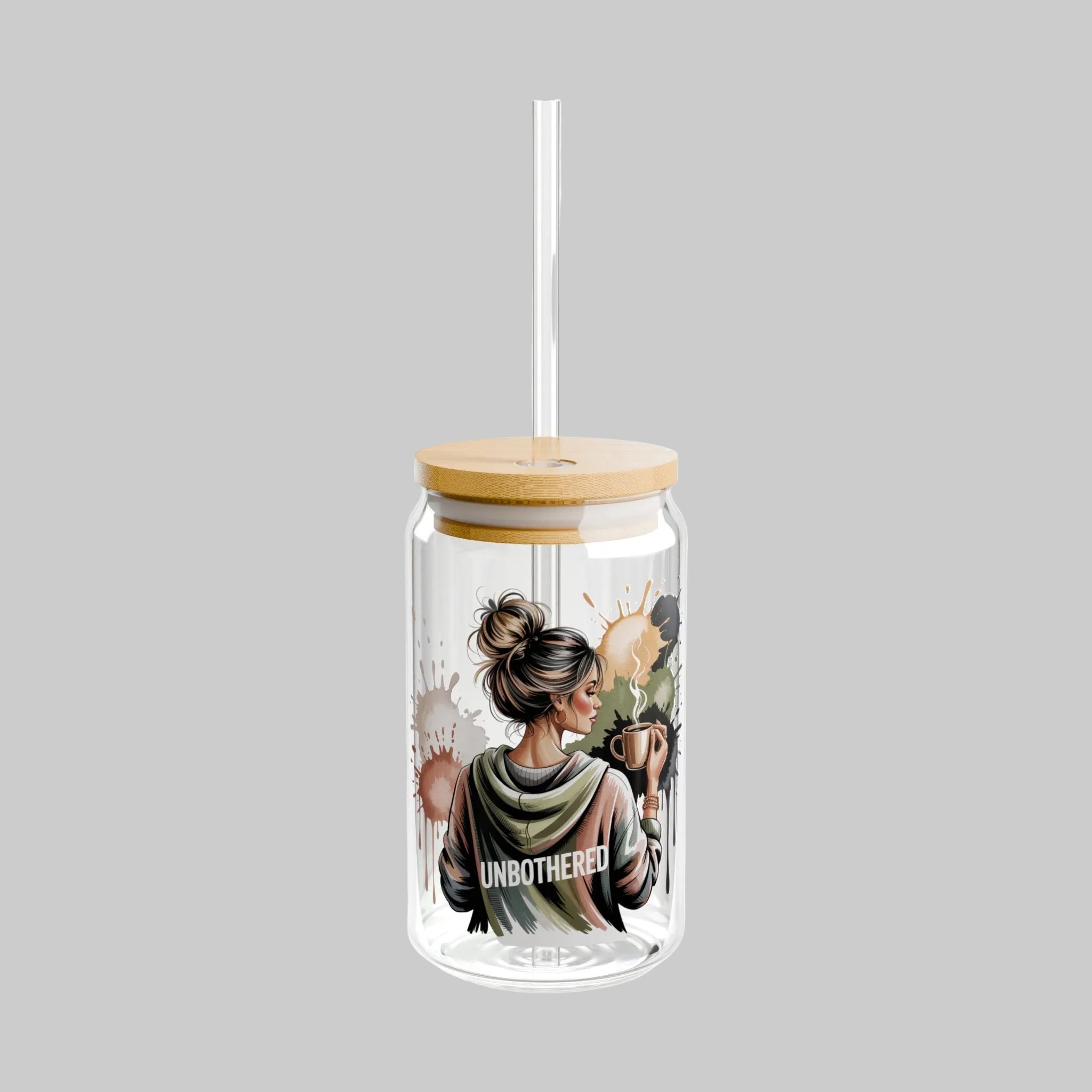 Unbothered & Sipping Glass Canister Tumbler with Straw – 16oz