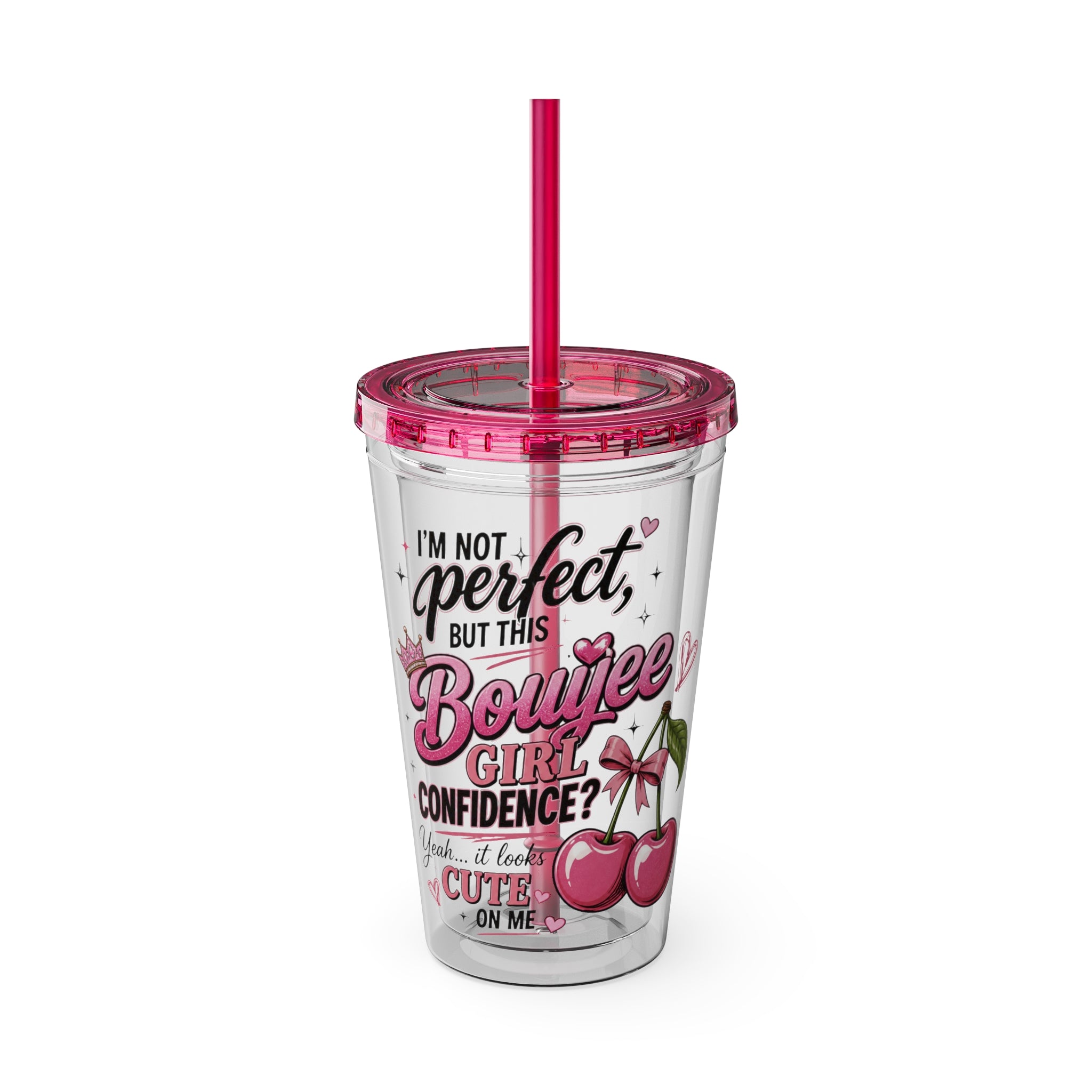 Bouijee Girl Confidence 16 oz Double-Wall Clear Tumbler with Lid & Reusable Straw | Cute Cherry Cold Cup