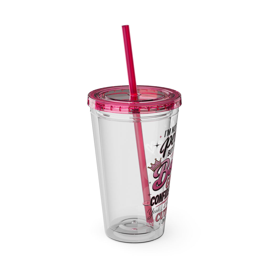 Bouijee Girl Confidence 16 oz Double-Wall Clear Tumbler with Lid & Reusable Straw | Cute Cherry Cold Cup