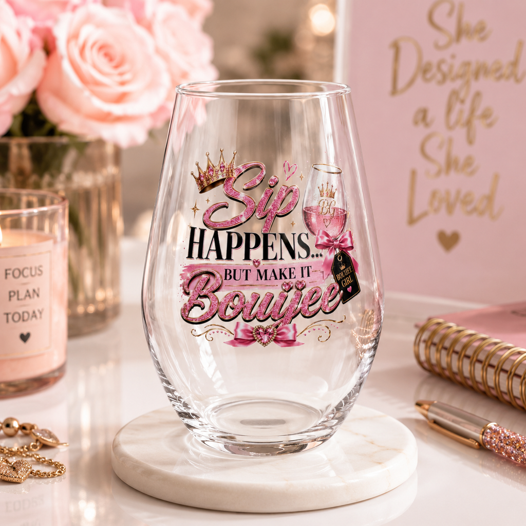 Sip Happens but Make it Bouijee Stemless Wine Glass